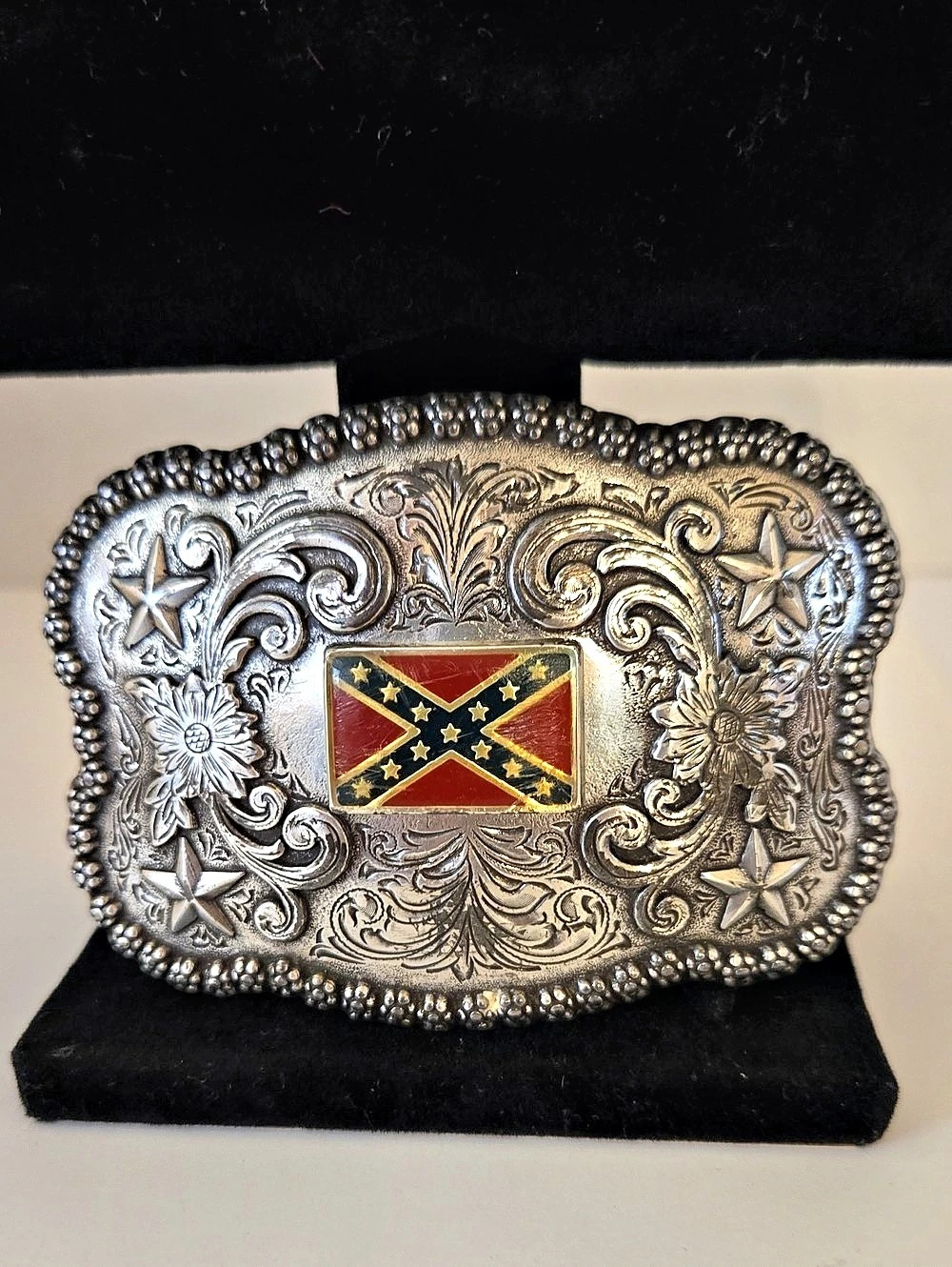 Montana Silversmiths Engraved Western Belt Buckle in Silver & Red